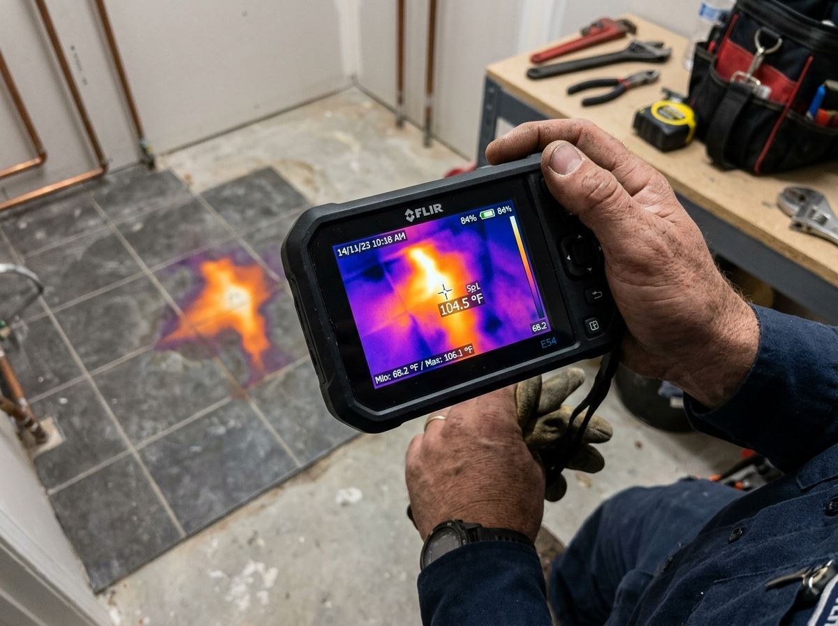FLIR thermal camera showing hot water slab leak on tile floor in Rialto CA