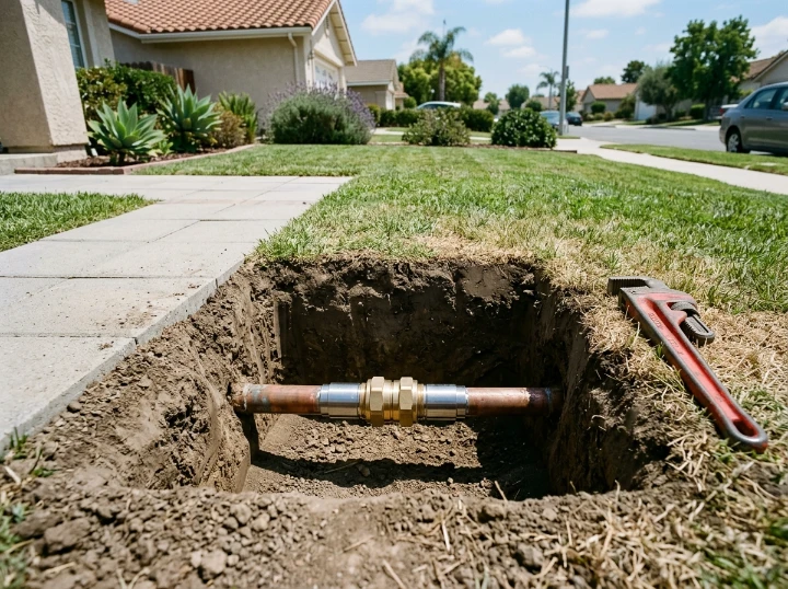 Surgical 18 inch spot excavation and brass coupling repair saving Rialto lawn