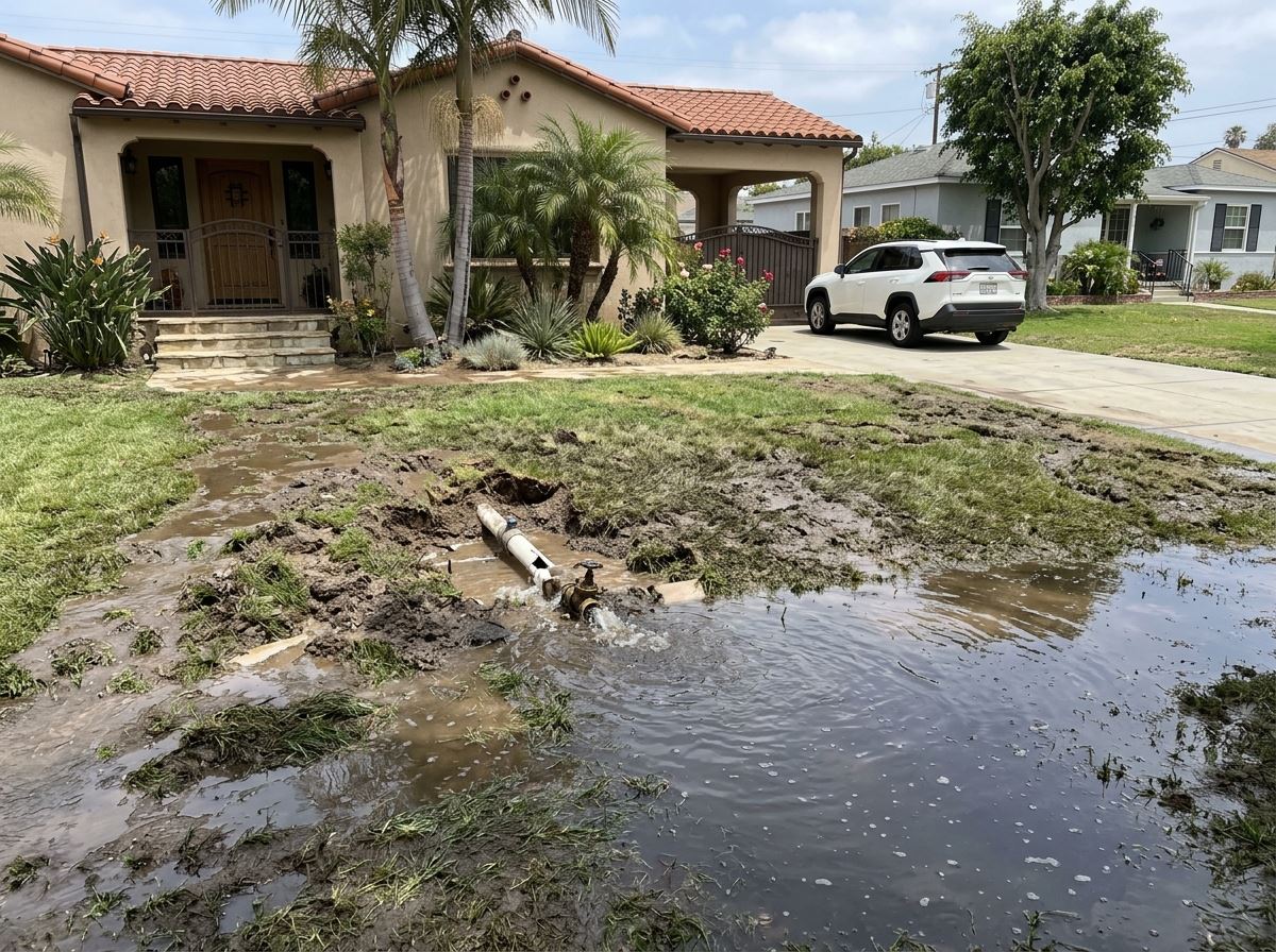 Subterranean yard water main line leak flooding residential lawn in Rialto CA