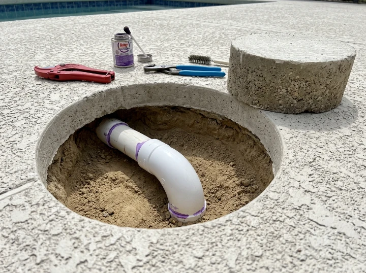 After: Surgical Core-Drill Pipe Repair - North Rialto Inground Pool Return Line Fissure
