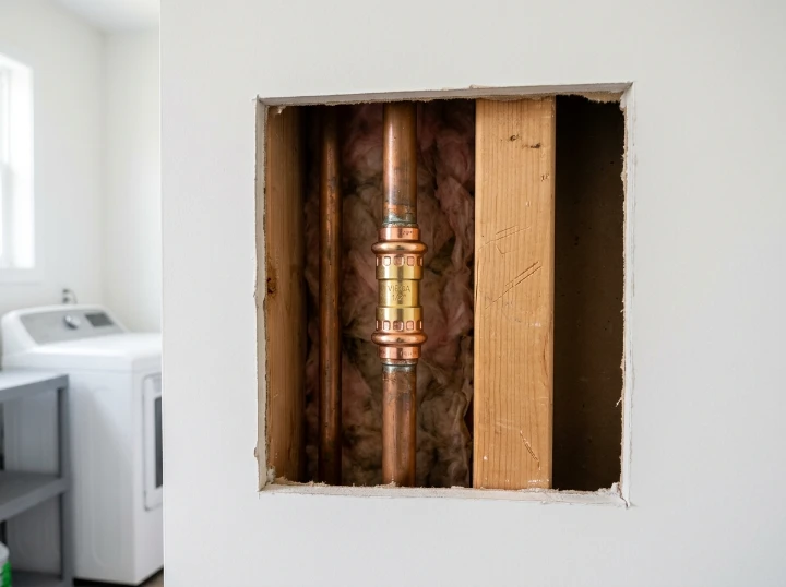 After: Surgical Drywall Port & ProPress Fix - Cactus Ave Laundry Room In-Wall Pinhole Spray