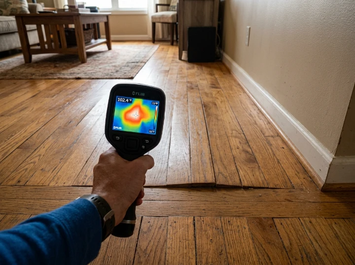 Before: Buckling Oak Hardwood Floor - South Riverside Ave Living Room Hardwood Slab Leak