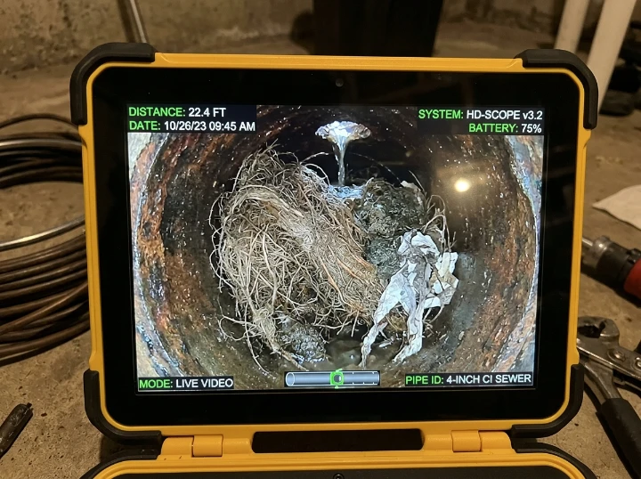 Before: 90% Root Blockage in Cast Iron - Sycamore Avenue Kitchen & Laundry Sewer Jetting
